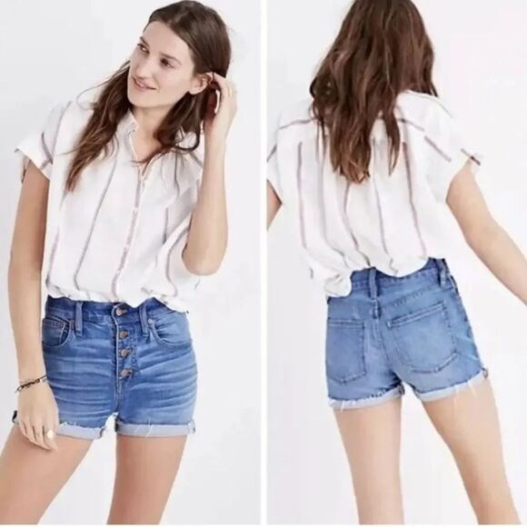 Madewell Pants - MADEWELL | Exposed Button Fly Denim Jean Shorts Cuffed Raw Hem Women’s Size 26